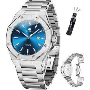 Olevs Men's Silver Blue Stain Steel Man Watch with Date Luminous Stylish Watch